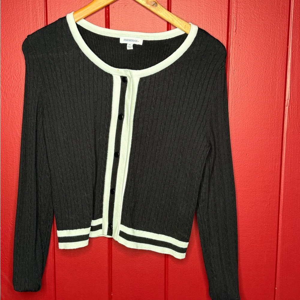 Black & White Button Front Ribbed Cardigan Sweater - Picture 3 of 8